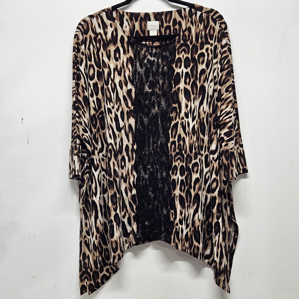 Chico's Leopard Print Tunic Top Black Lace Trim Size 2 Large Animal Print Blouse